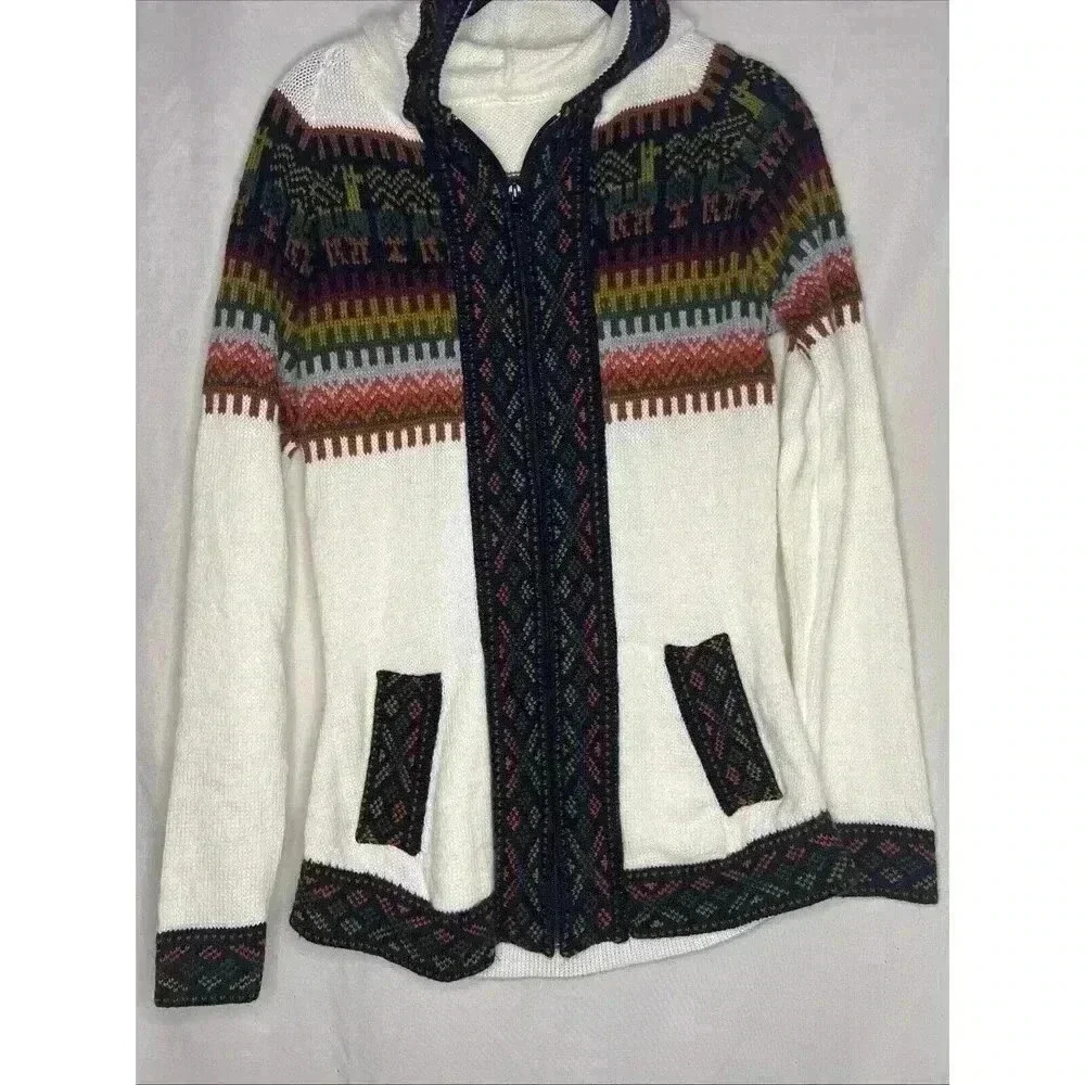 Peruvian‎ Women's Alpaca White Multi Cardigan Handmade Sweater Zip-up size: L